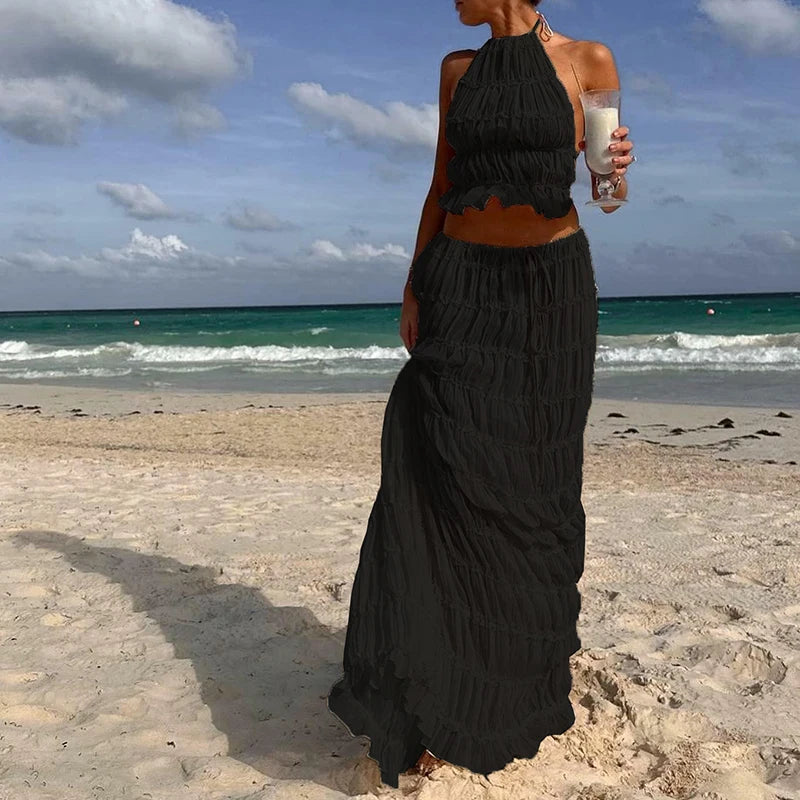 Ocean - Conjunto de Top Halter y Falda Larga Plisada