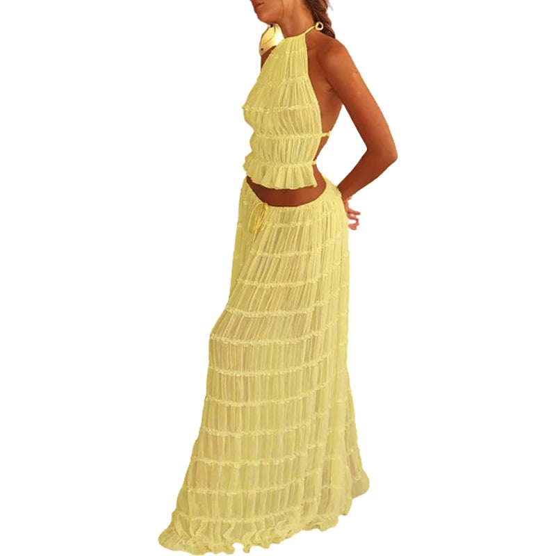 Ocean - Conjunto de Top Halter y Falda Larga Plisada