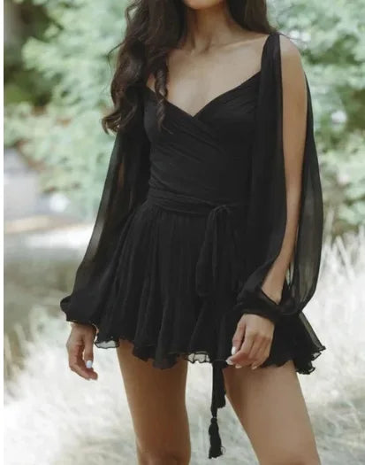 Violette - Vestido Mini de Gasa con Manga Larga y Escote V