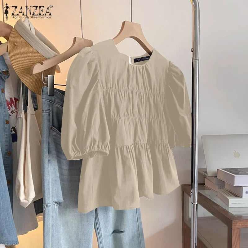 Colette - Blusa Holgada con Volantes y Cuello Redondo
