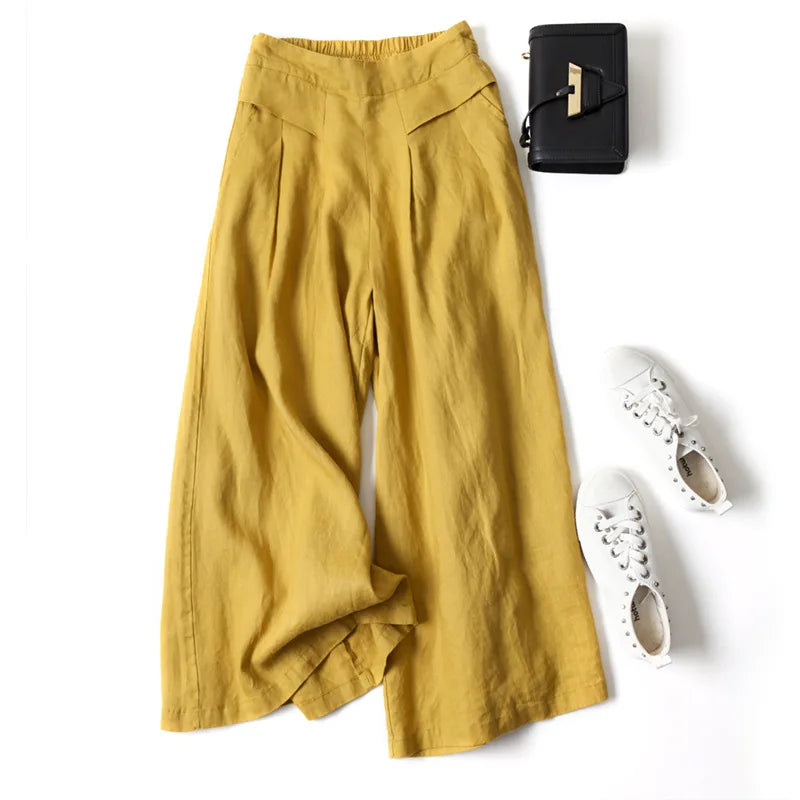 Palazzo - Pantalón Culotte Ancho de Lino con Cintura Alta