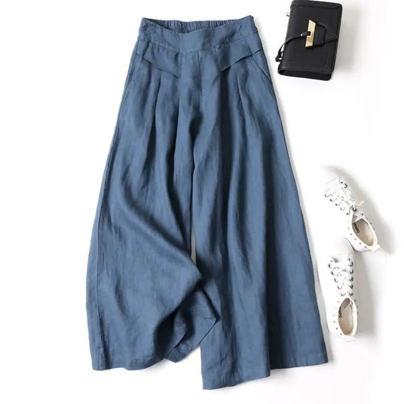 Palazzo - Pantalón Culotte Ancho de Lino con Cintura Alta
