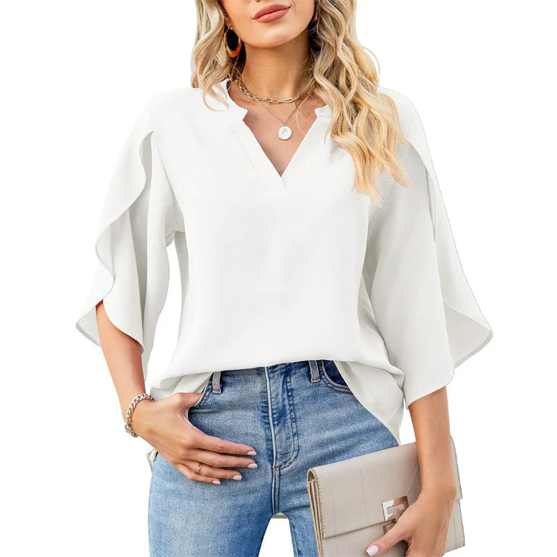 Nuvola - Blusa de Gasa con Cuello V y Manga Holgada