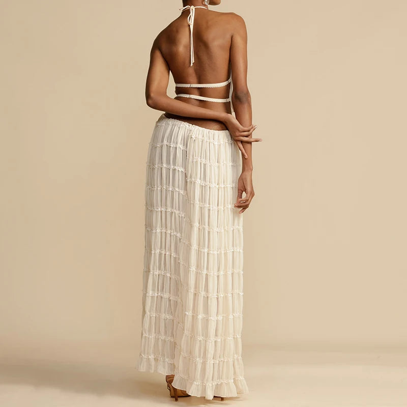 Ocean - Conjunto de Top Halter y Falda Larga Plisada
