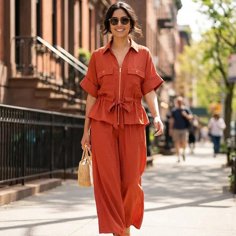Toscana - Conjunto de Blusa con Lazo y Pantalón Ancho de Lino