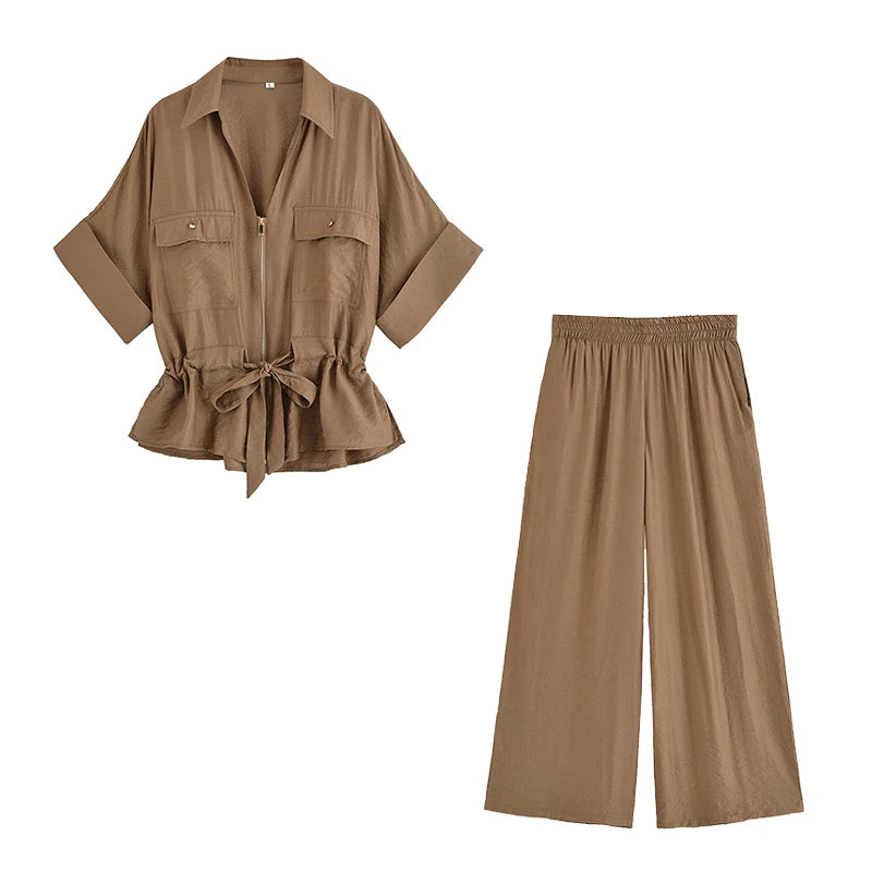 Toscana - Conjunto de Blusa con Lazo y Pantalón Ancho de Lino