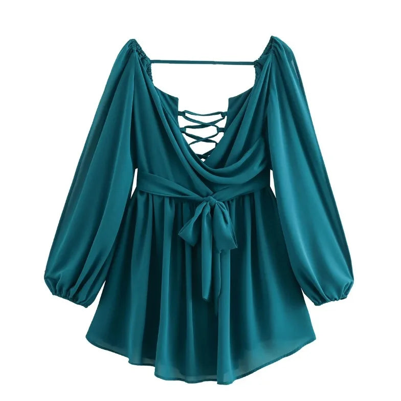 Violette - Vestido Mini de Gasa con Manga Larga y Escote V