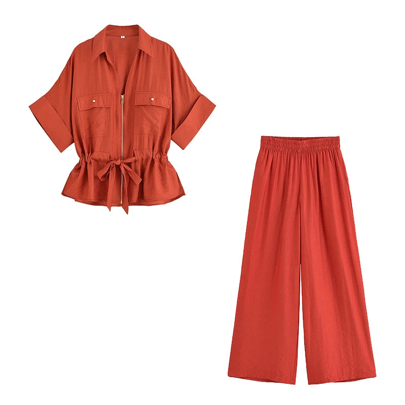 Toscana - Conjunto de Blusa con Lazo y Pantalón Ancho de Lino