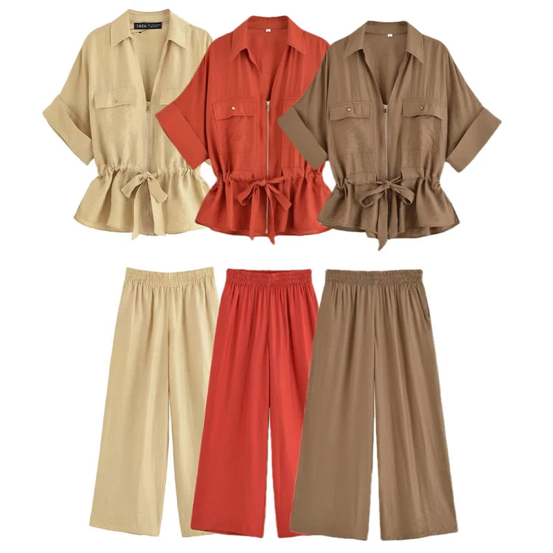 Toscana - Conjunto de Blusa con Lazo y Pantalón Ancho de Lino