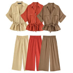 Toscana - Conjunto de Blusa con Lazo y Pantalón Ancho de Lino