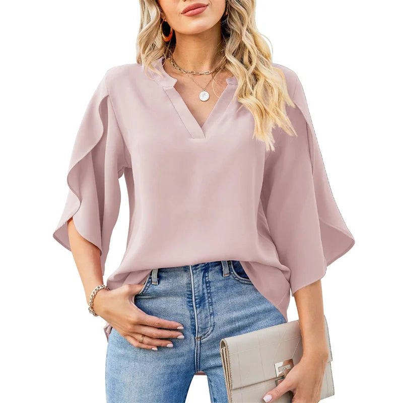 Nuvola - Blusa de Gasa con Cuello V y Manga Holgada