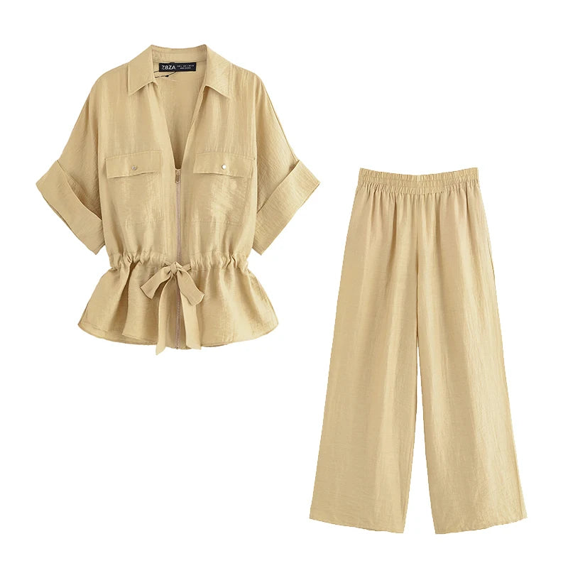 Toscana - Conjunto de Blusa con Lazo y Pantalón Ancho de Lino