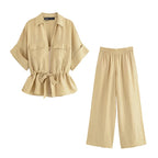 Toscana - Conjunto de Blusa con Lazo y Pantalón Ancho de Lino