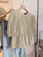 Colette - Blusa Holgada con Volantes y Cuello Redondo