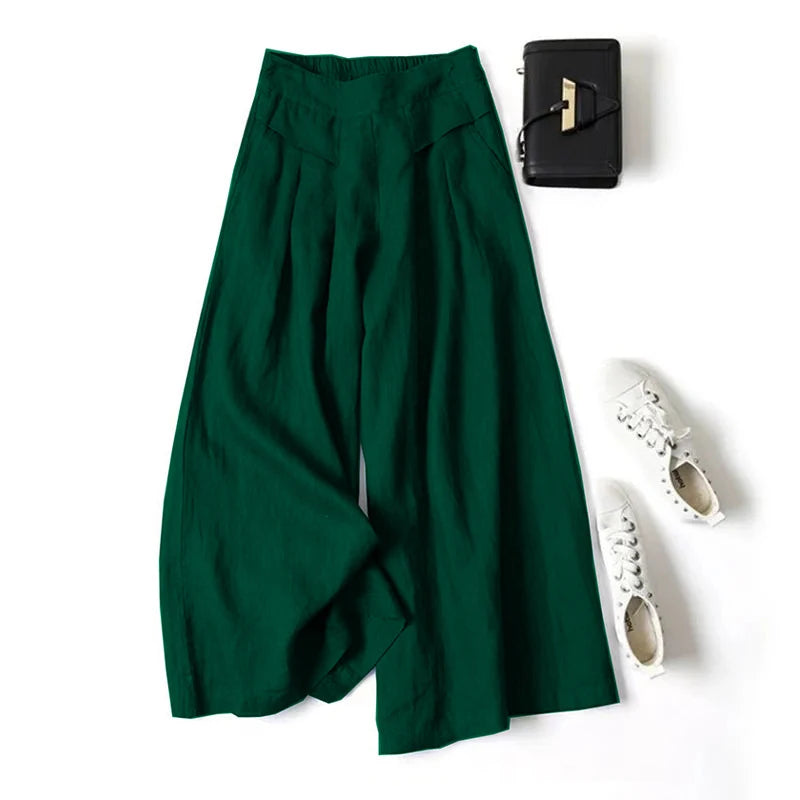 Palazzo - Pantalón Culotte Ancho de Lino con Cintura Alta