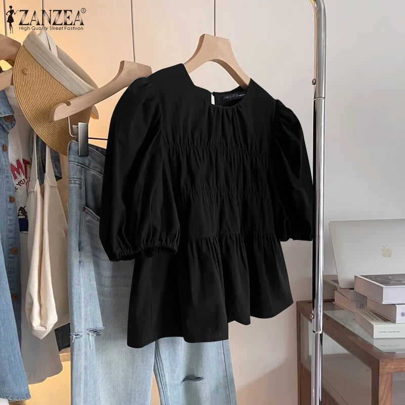 Colette - Blusa Holgada con Volantes y Cuello Redondo