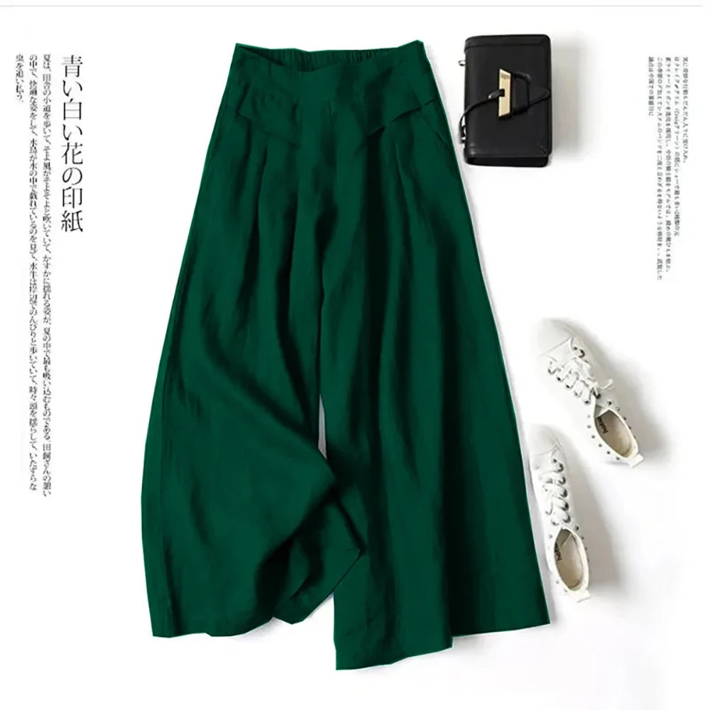 Palazzo - Pantalón Culotte Ancho de Lino con Cintura Alta