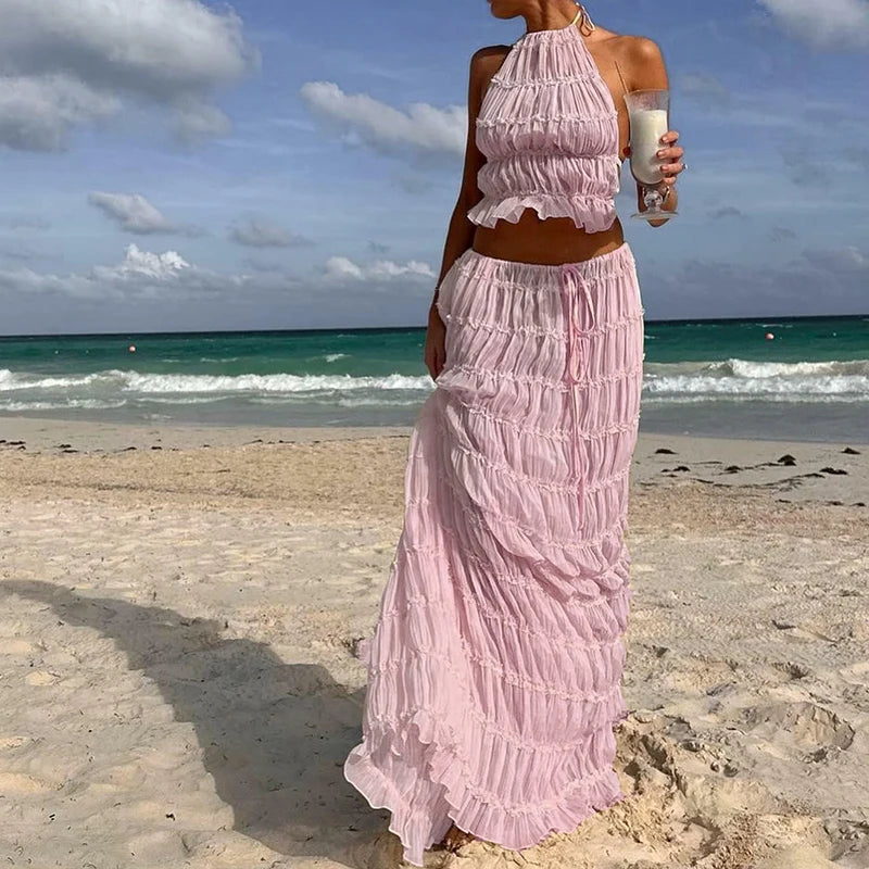 Ocean - Conjunto de Top Halter y Falda Larga Plisada