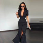 Victoria - Vestido Largo Elegante con Cuello Solapa y Abertura