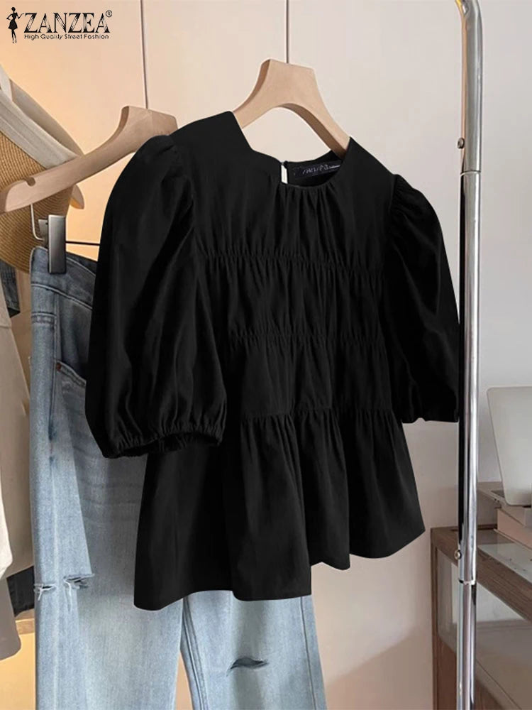 Colette - Blusa Holgada con Volantes y Cuello Redondo