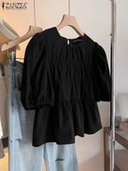 Colette - Blusa Holgada con Volantes y Cuello Redondo