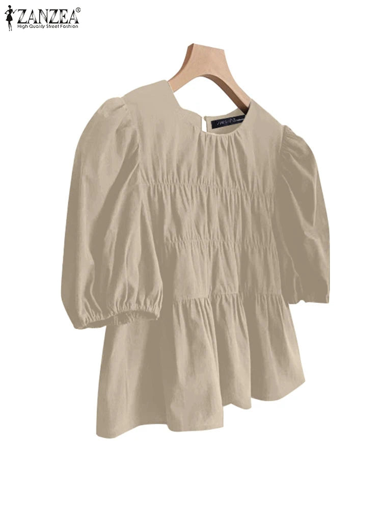 Colette - Blusa Holgada con Volantes y Cuello Redondo