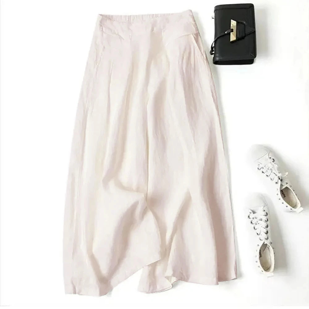 Palazzo - Pantalón Culotte Ancho de Lino con Cintura Alta