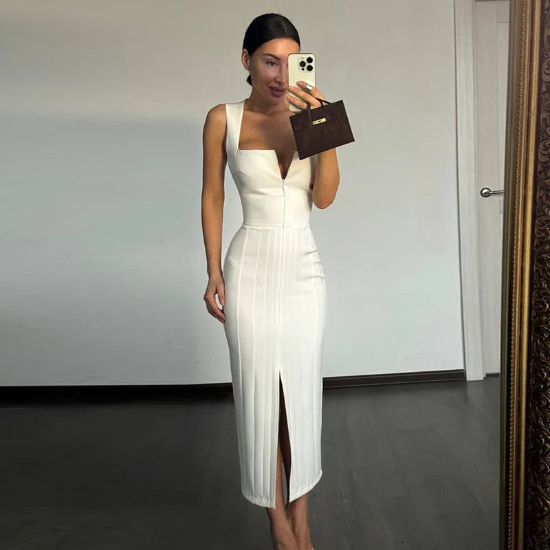 Victoria - Vestido Largo Elegante con Cuello Solapa y Abertura