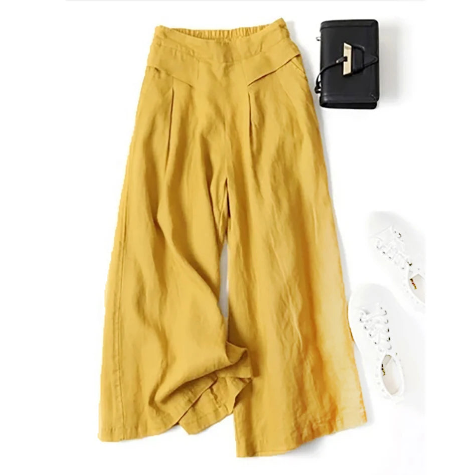 Palazzo - Pantalón Culotte Ancho de Lino con Cintura Alta