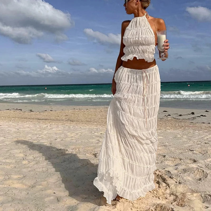 Ocean - Conjunto de Top Halter y Falda Larga Plisada