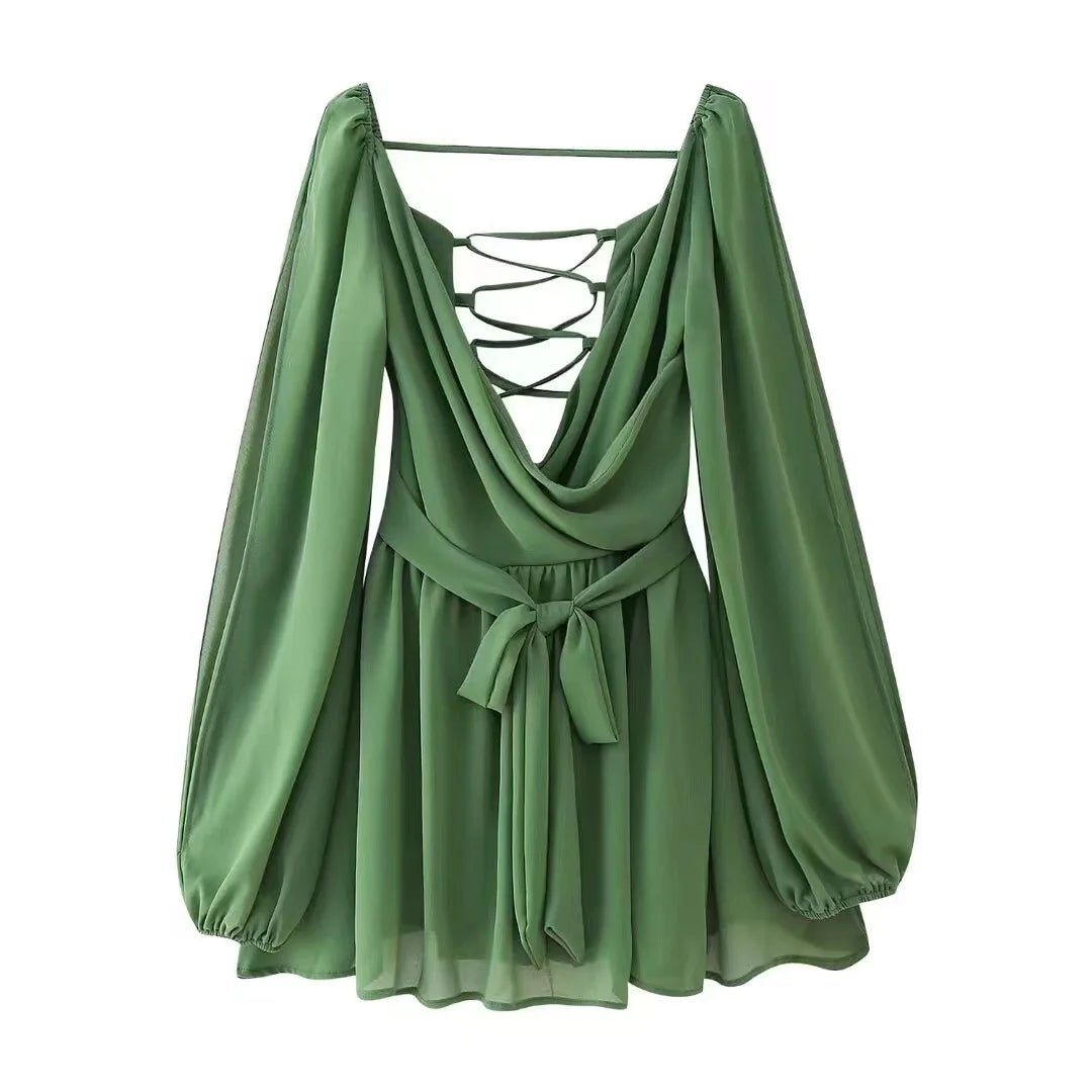 Violette - Vestido Mini de Gasa con Manga Larga y Escote V
