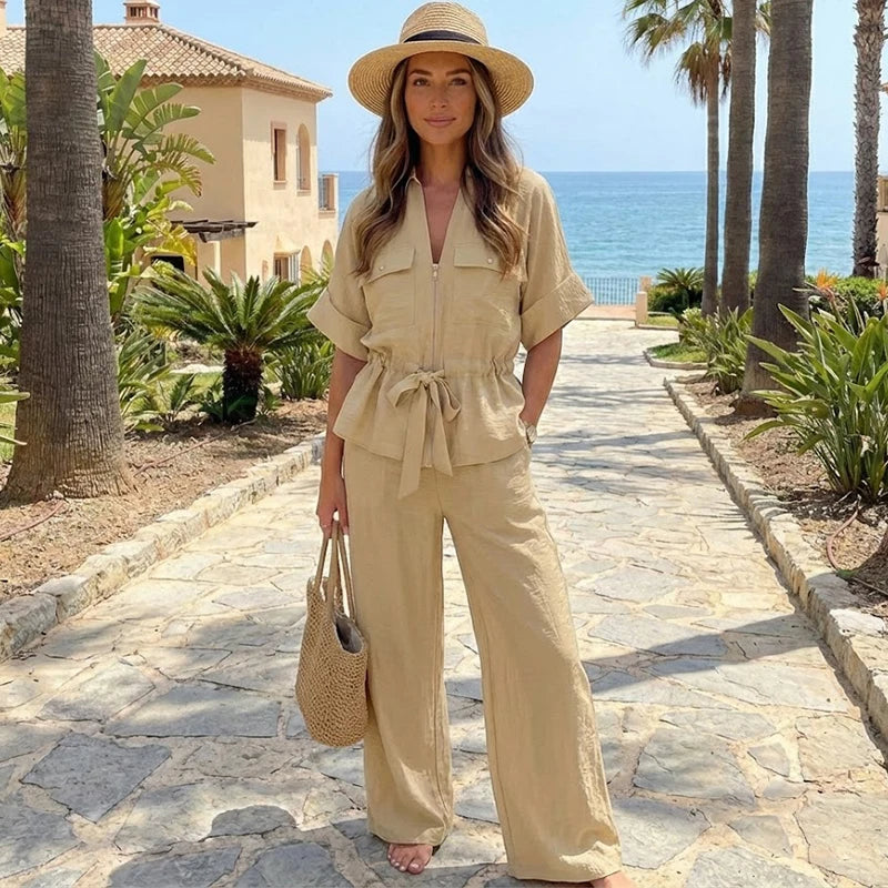 Toscana - Conjunto de Blusa con Lazo y Pantalón Ancho de Lino