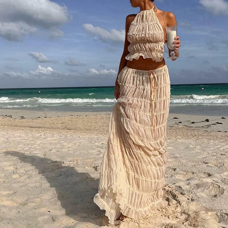 Ocean - Conjunto de Top Halter y Falda Larga Plisada