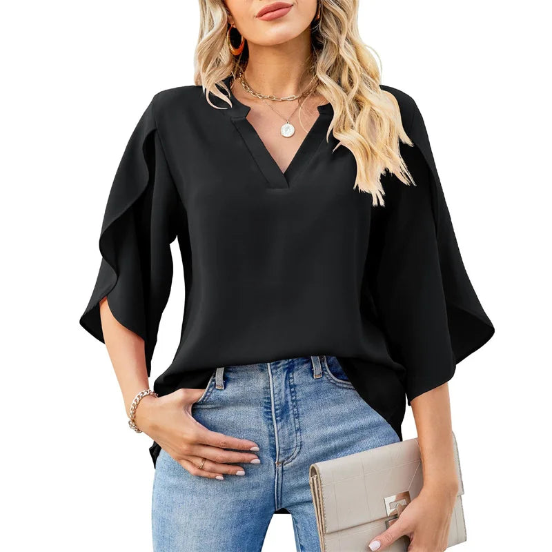 Nuvola - Blusa de Gasa con Cuello V y Manga Holgada