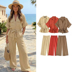 Toscana - Conjunto de Blusa con Lazo y Pantalón Ancho de Lino