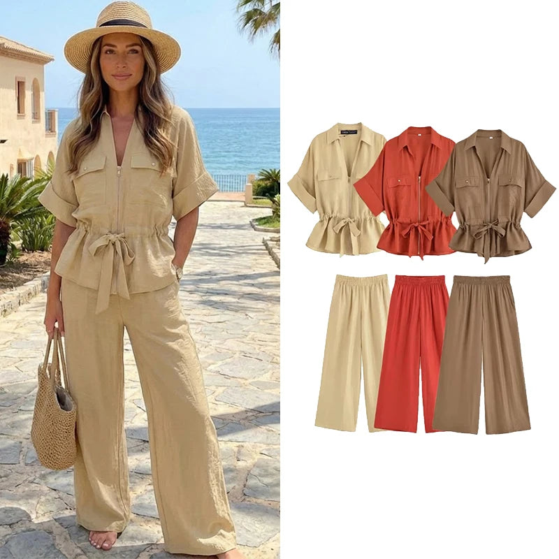 Toscana - Conjunto de Blusa con Lazo y Pantalón Ancho de Lino
