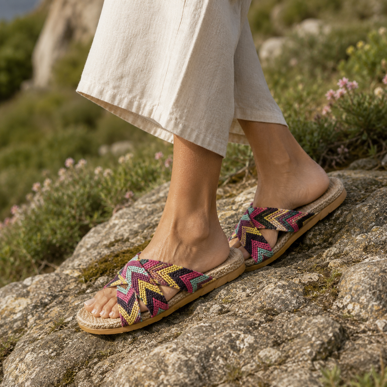 Ibiza - Sandalias Planas de Esparto con Tiras Étnicas