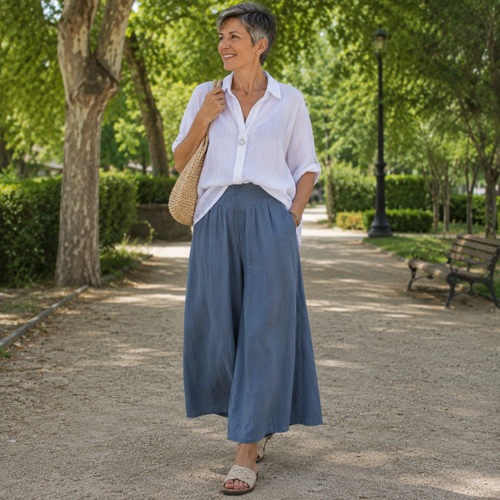 Palazzo - Pantalón Culotte Ancho de Lino con Cintura Alta