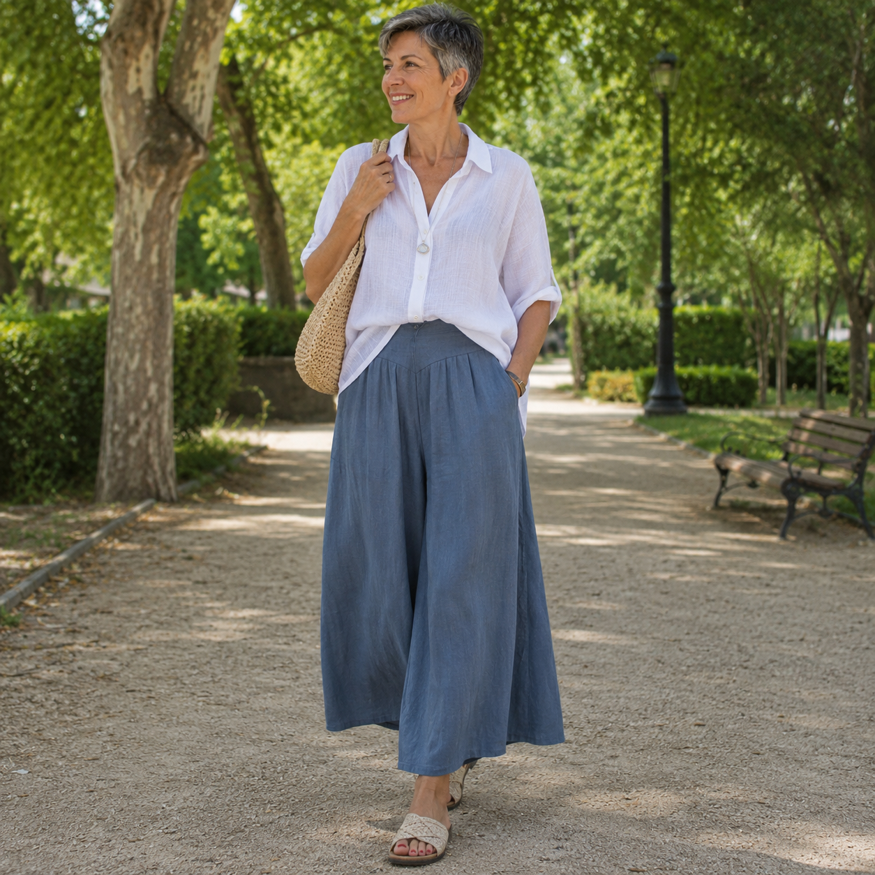 Palazzo - Pantalón Culotte Ancho de Lino con Cintura Alta