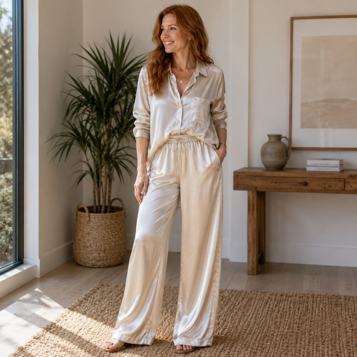 Satin - Pantalón Recto de Satén con Cintura Elástica