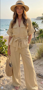 Toscana - Conjunto de Blusa con Lazo y Pantalón Ancho de Lino